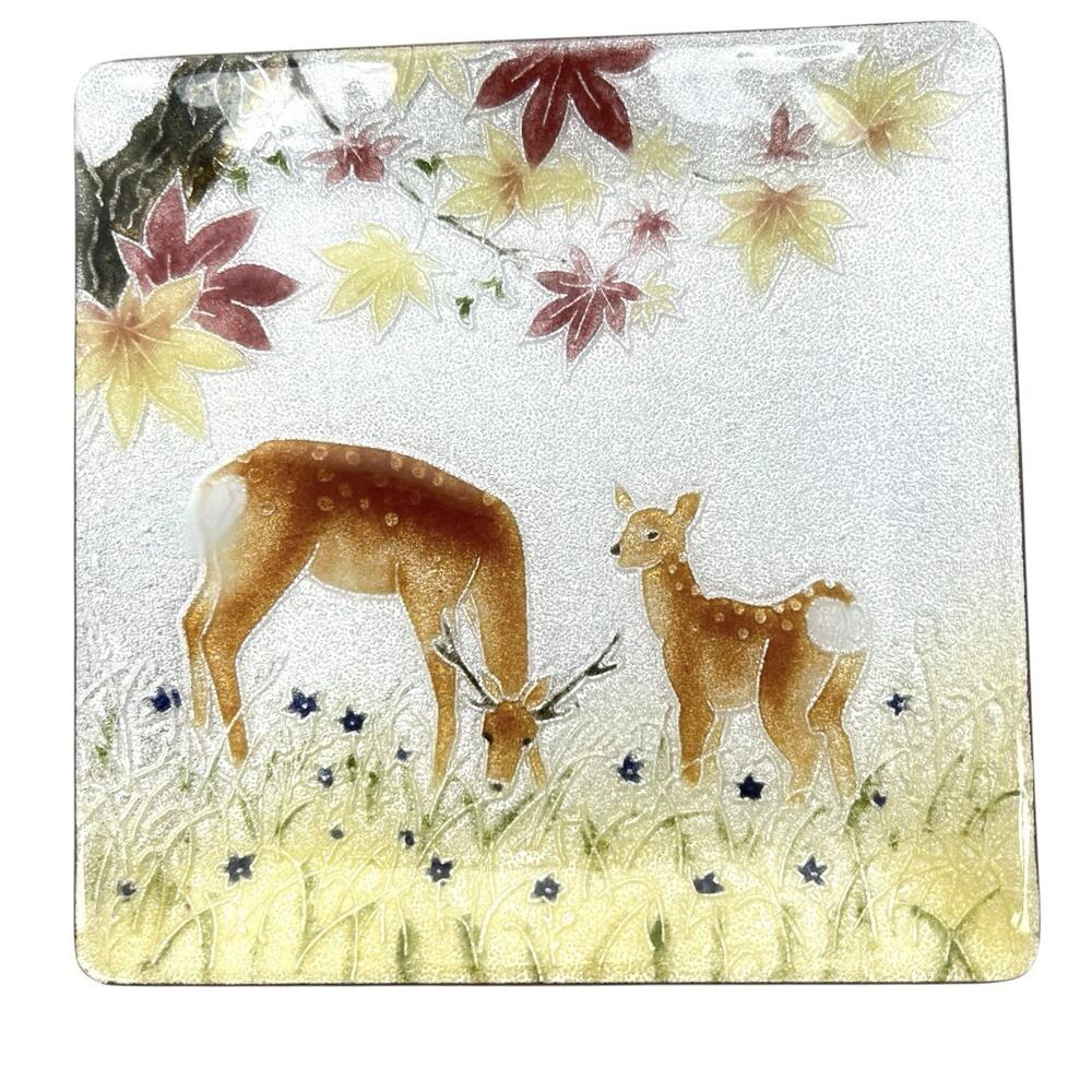 Japanese Tutanka Trinket Dish Deer Flowers Enamel Frosty Silver Unique Decor Vtg